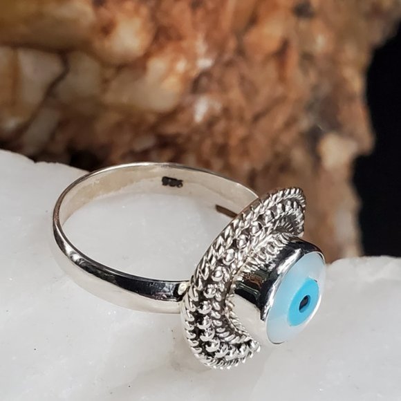 Sterling Silver 925 Ring Evil Eye Protective Designer Mother Of Pearl - Picture 4 of 7